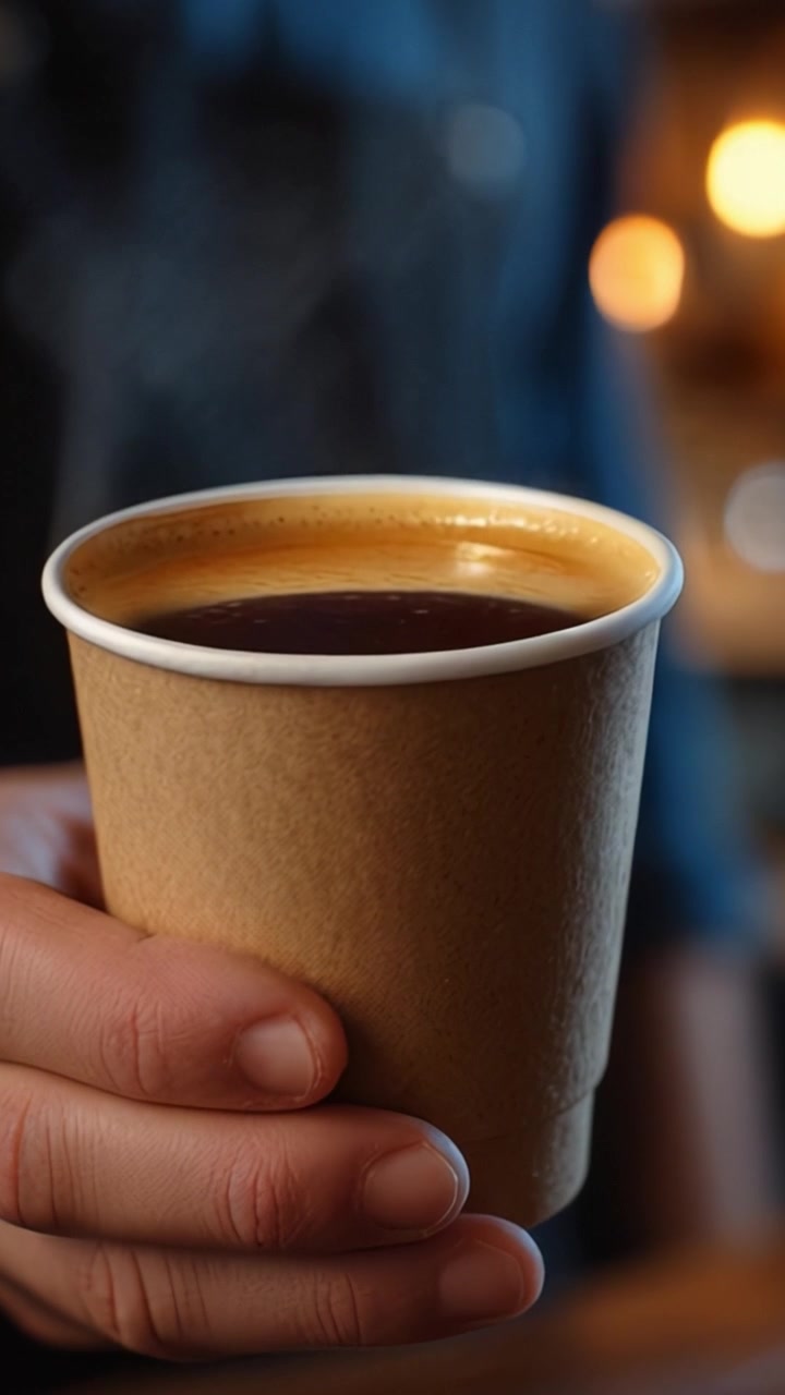 Una tazza di caffè caldo tenuta in mano, con il vapore che sale dalla superficie, preparato alla perfezione per un'esperienza accogliente in un ambiente con luce soffusa.