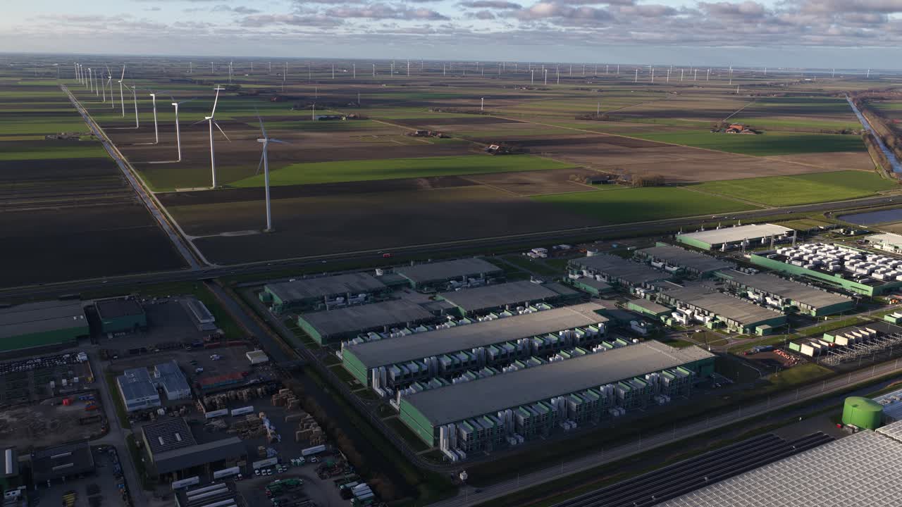 Close up aerial drone video of big data infrastructure, visualizing large scale data storage, databases, and analytics systems used for machine learning, data science, and predictive business insights
