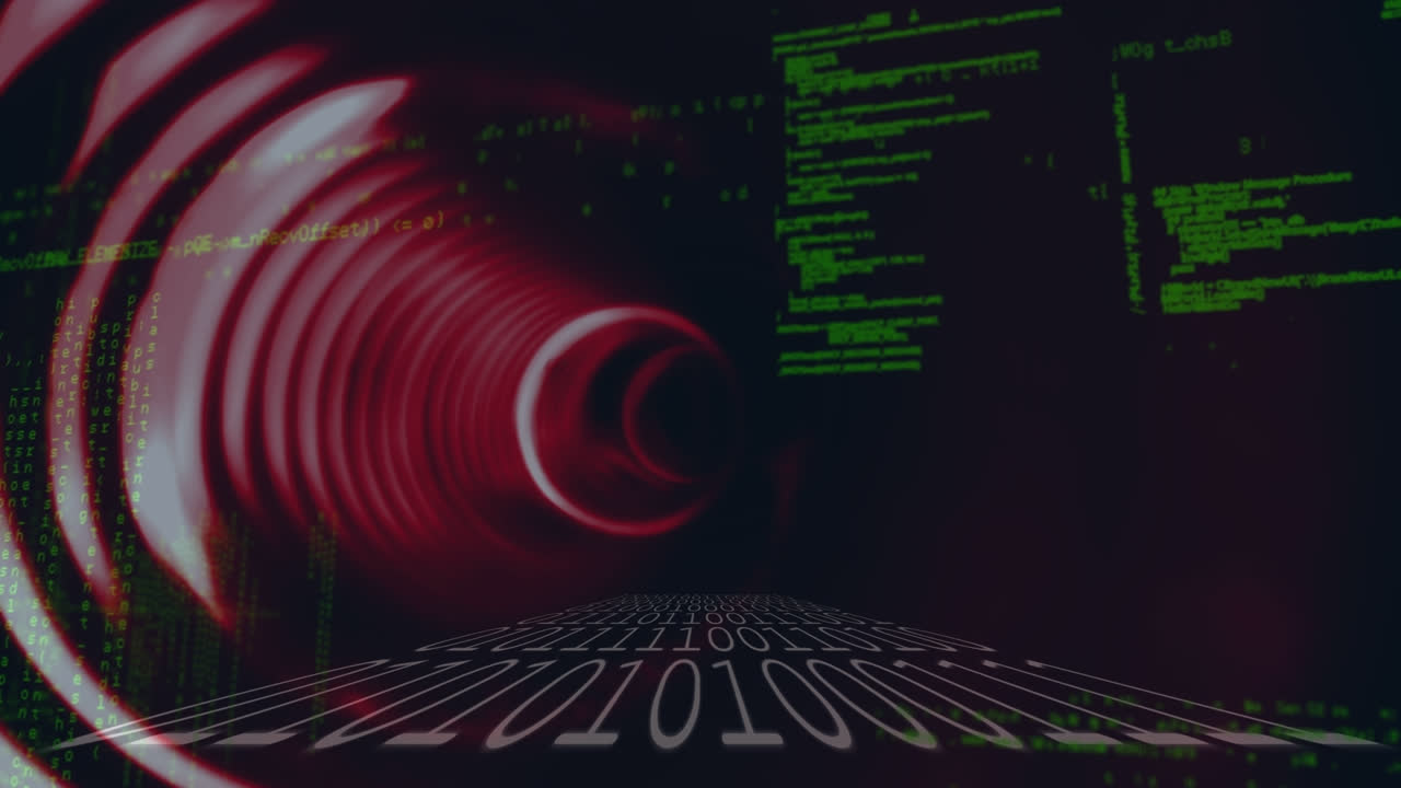 conexiones de microprocesador y procesamiento de datos sobre un túnel brillante contra un fondo negro