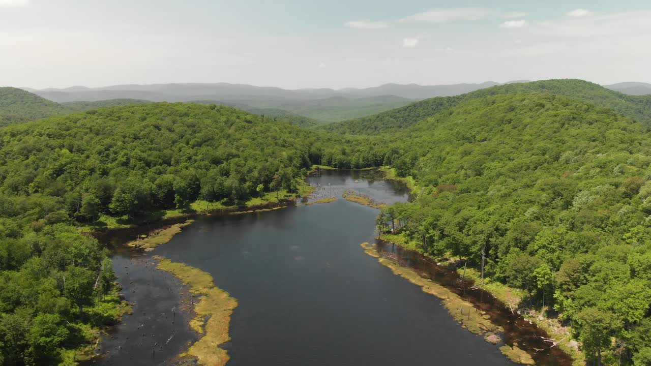 Vista aérea lenta y amplia sobre el lago Mud y el bosque verde en el norte del estado de Nueva York, EE. UU.