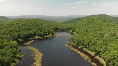 Slow-and-wide-aerial-above-Mud-Lake-and-green-forest-Upstate-New-York,-USA