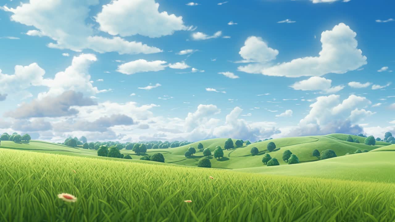 Wide-angle shot of a serene, animated landscape with rolling hills and a bright sky