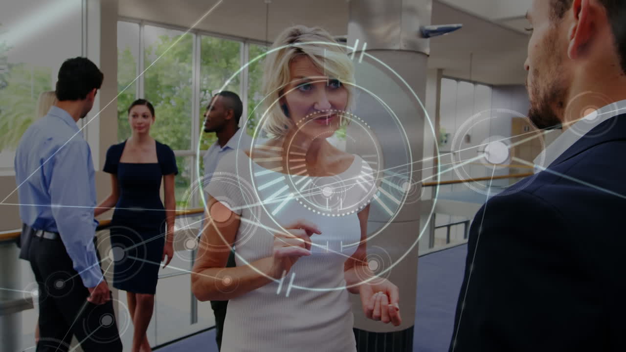 red de conexiones contra un hombre de negocios caucásico y una mujer de negocios que se dan la mano en la oficina