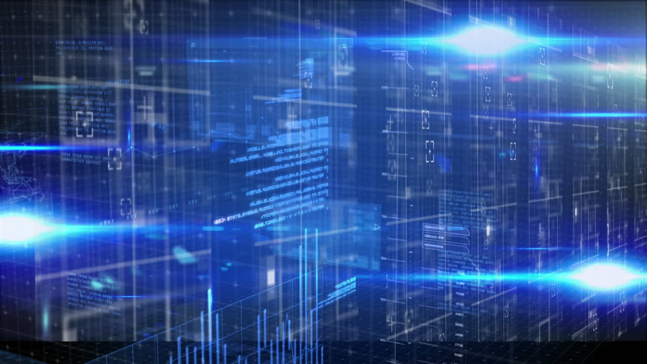 Animation of binary coding and data processing on blue background