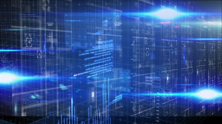 Animation of binary coding and data processing on blue background