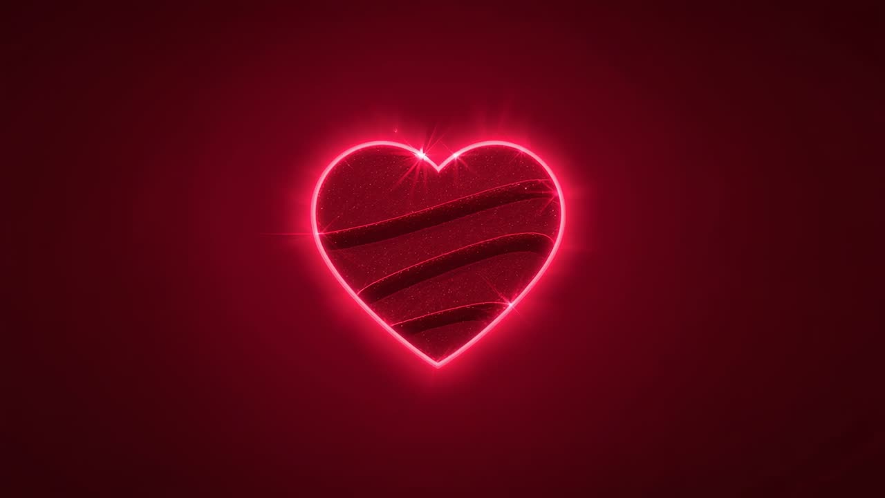 Fotogrammi che cambiano, cuore al neon pulsante che sposta la luce contro uno sfondo rosso, mostrando scanalature e brillantezza
