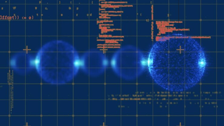 Animation of blue baubles over data processing on blue background