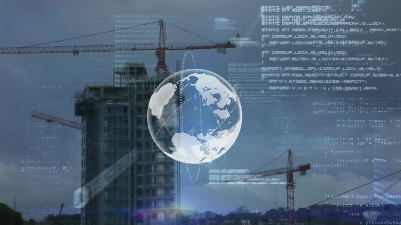 Animation of data processing and globe over cityscape