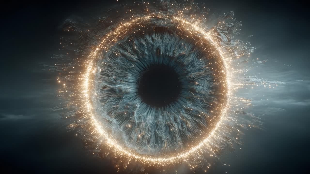 Extreme close up of a detailed blue human iris with the pupil contracting while a luminous ring of golden particles rotates around it, representing concepts of vision, magic, and energy