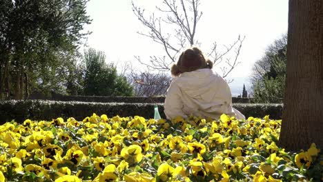 person with back behind yellow flowers standing still wearing a russian hat that looks like a teddy bear