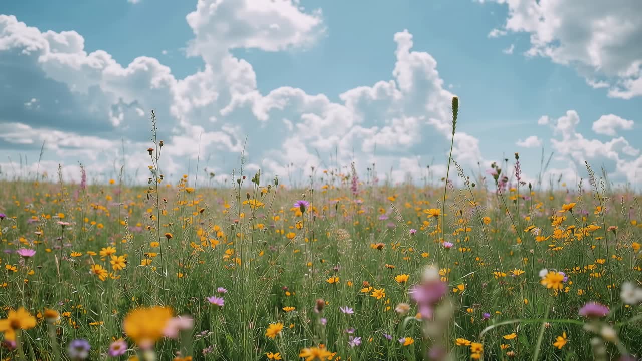 Swaying low rural meadow of yellow daisies, seedheads and purple blooms, breeze moving camera