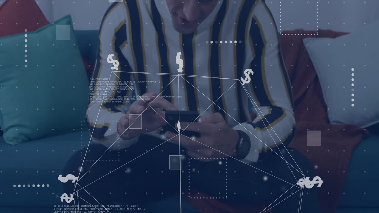 Animation of dollar sign, network and data processing over caucasian man using smartphone