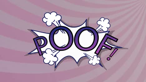 animación de una burbuja de habla de dibujos animados vintage con poof! texto en fondo a rayas púrpuras