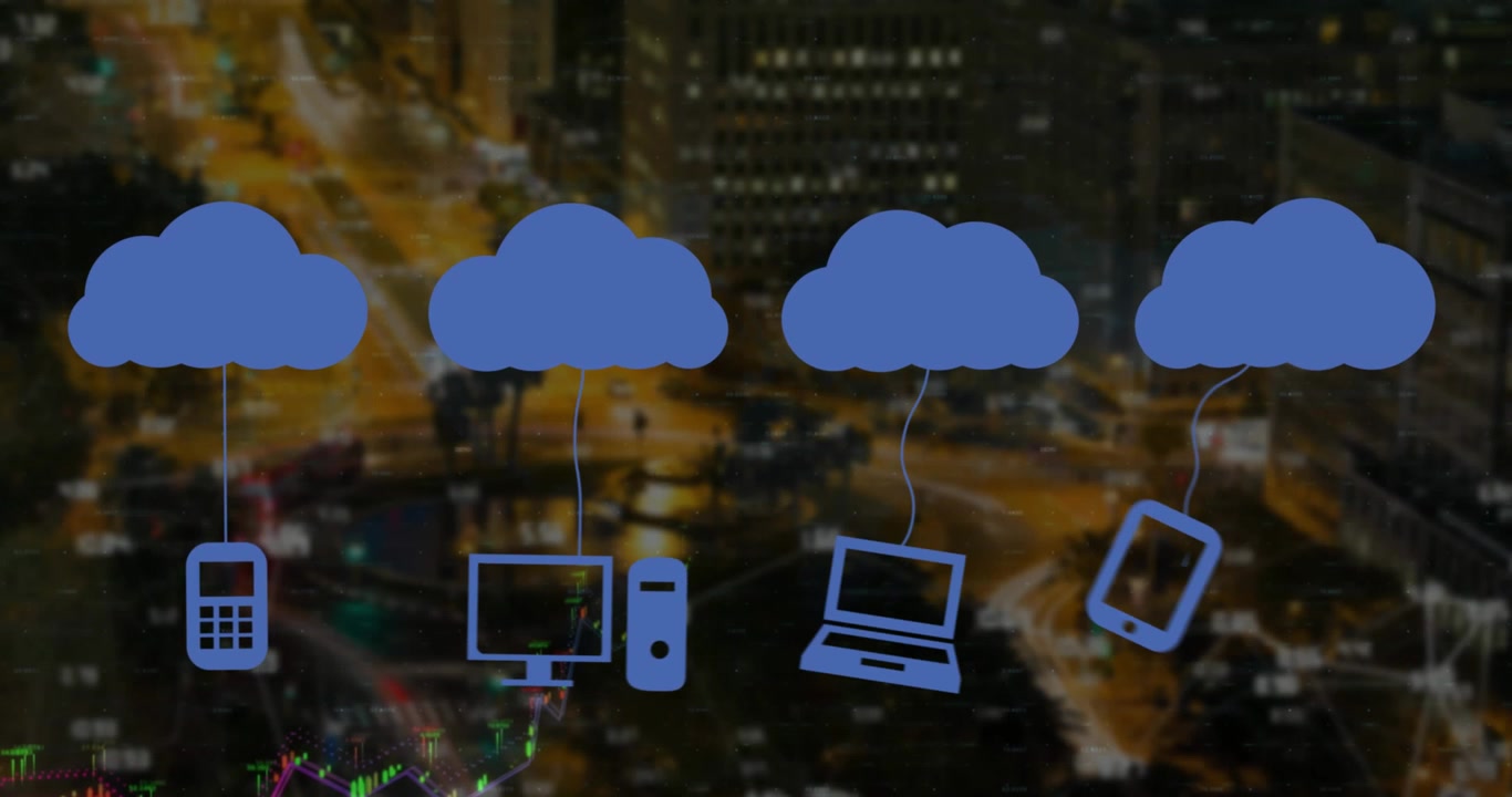 Animation of clouds with icons over data processing and cityscape