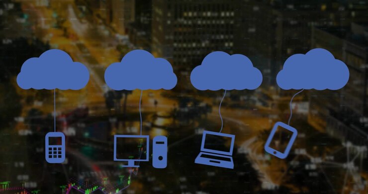 Animation of clouds with icons over data processing and cityscape