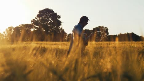 mid shot musician in field playing guitar sunset