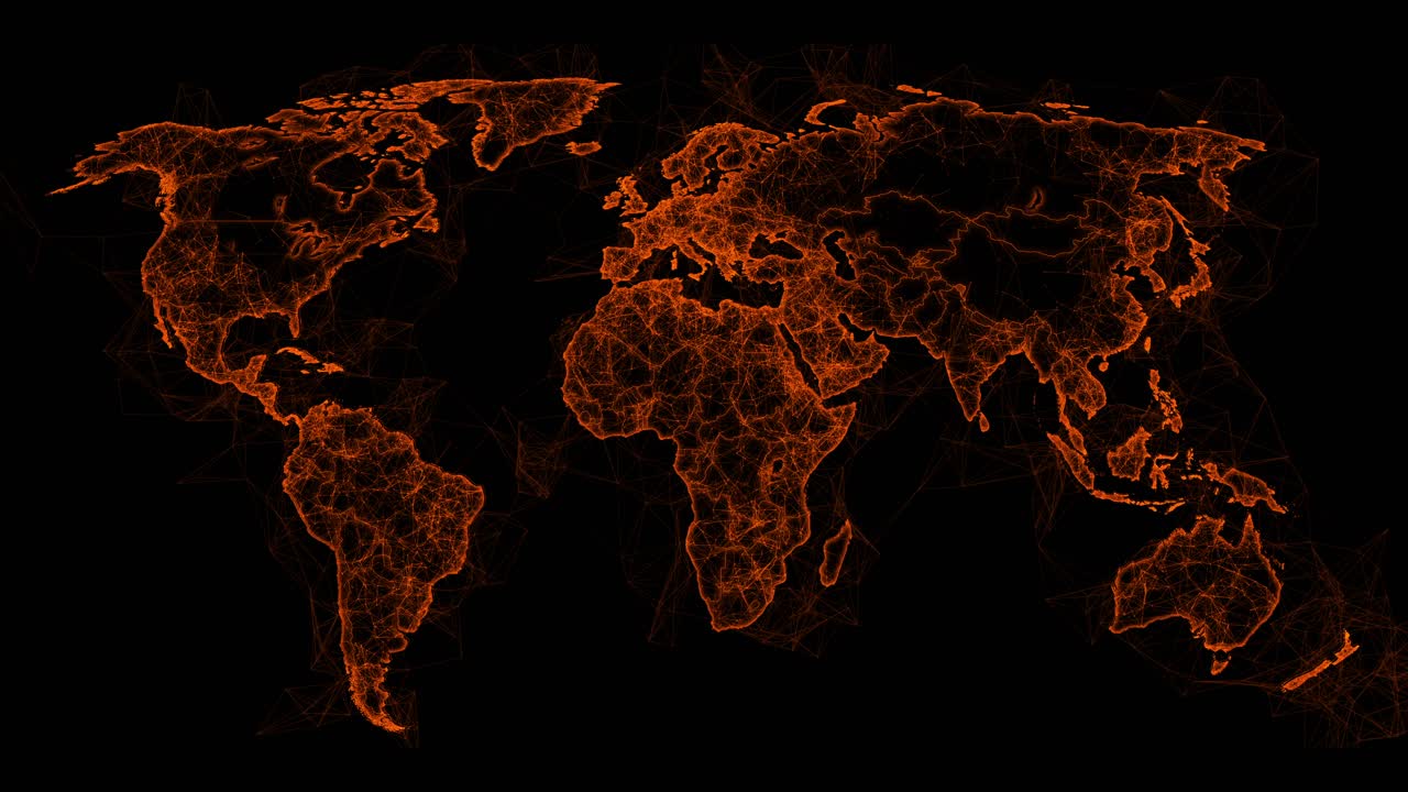 Stylized world map with a brown, glowing plexus network effect on a black background. For global business, technology, or data concepts