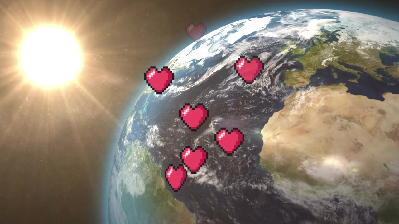 Corazones Pixelados Flotando Sobre la Tierra Desde el Espacio.