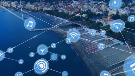 animation of networks of connections over cityscape