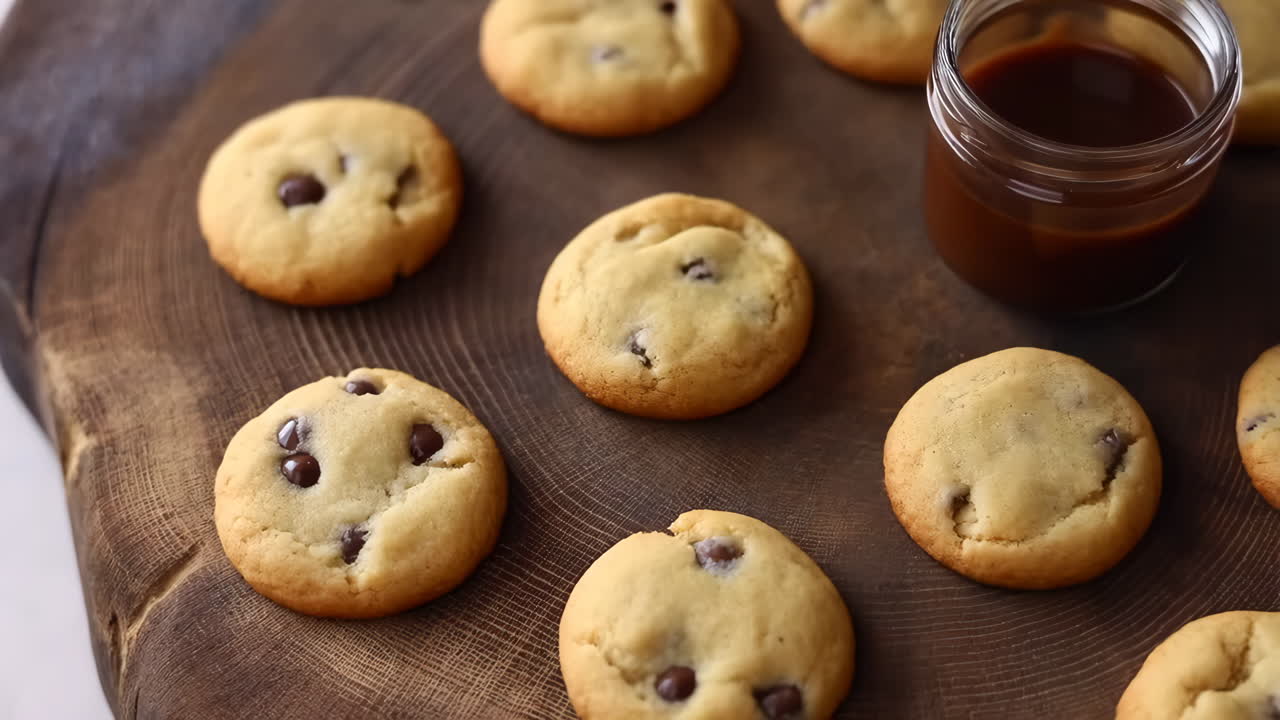A hand picking up a fresh chocolate chip cookie from a wooden board
