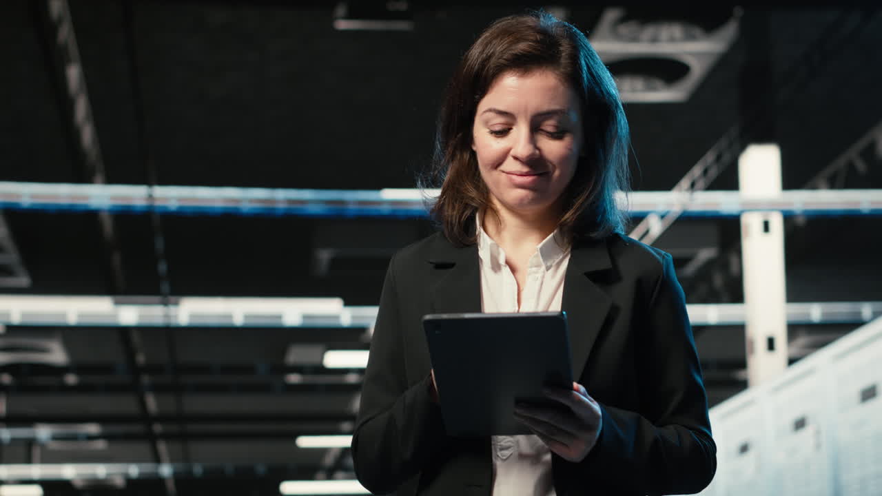 Programador de Data Center monitorando sistemas de automação industrial usando tablet
