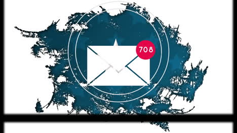 animation of envelope icon with increasing number and white ring over white star scribbled blue map