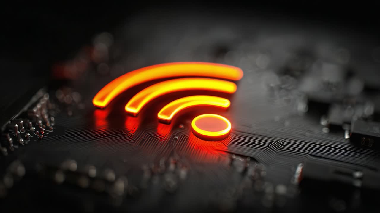 Wireless Connectivity: A Close-Up of the Iconic Wi-Fi Symbol Illuminated Against a Dark Circuit Board Background, Showcasing Technology and Communication Innovations
