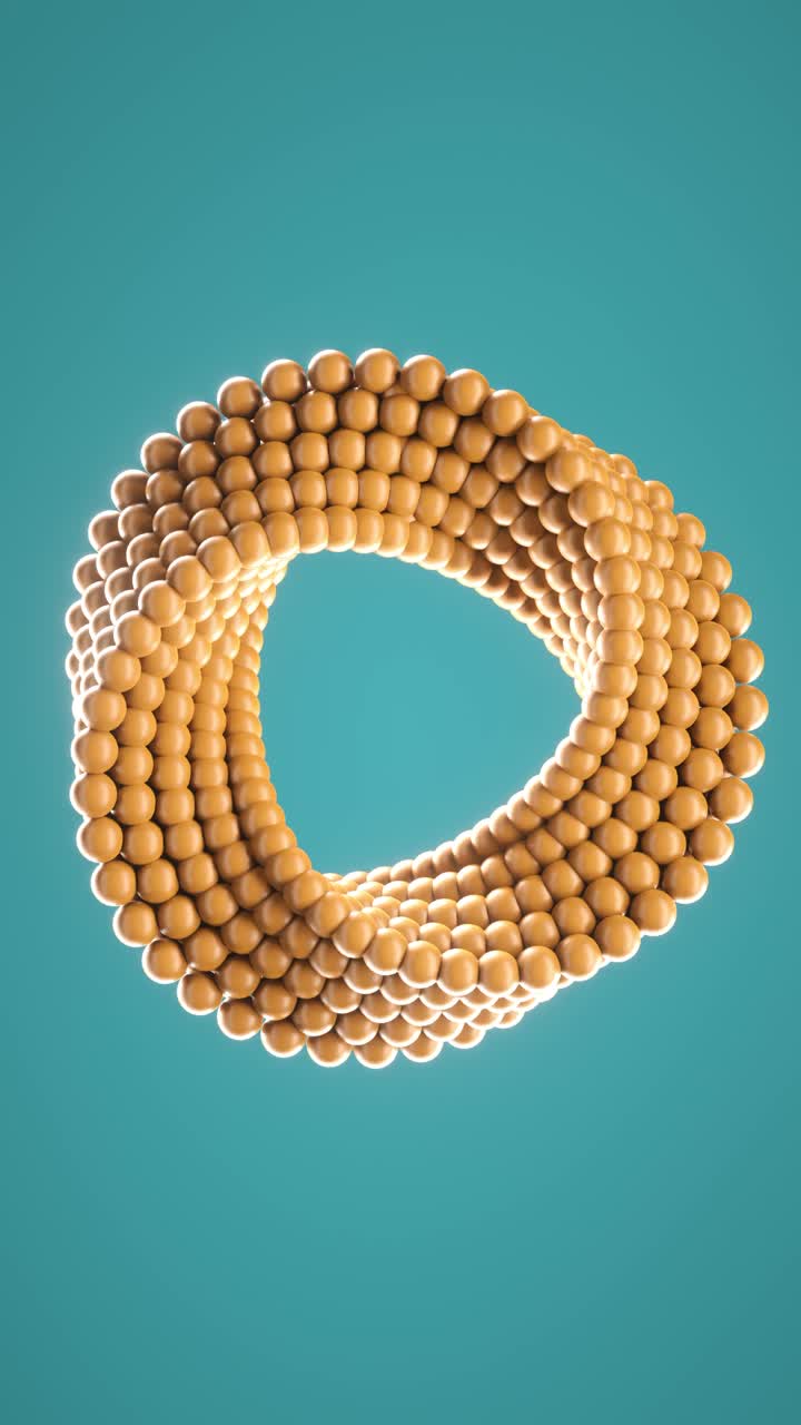 3D loop animation of spinning balls molded into uneven circle. Vertical background