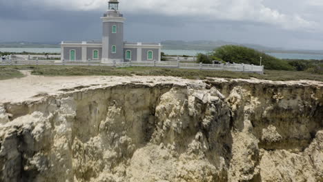 Dramatic-push-in-shot-up-and-over-the-limestone-cliffs-of-Cabo-Rojo-and-past-the-Faro-Morrillos-Lighthouse