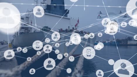 Animation-of-network-of-connections-with-icons-and-digital-drone-over-shipyard