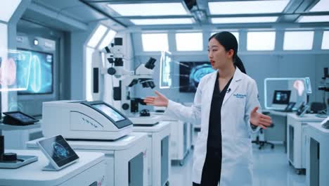 a professional scientist conducting research in a high-tech laboratory focused on advanced microscopy and brain analysis with modern equipment and visual displays