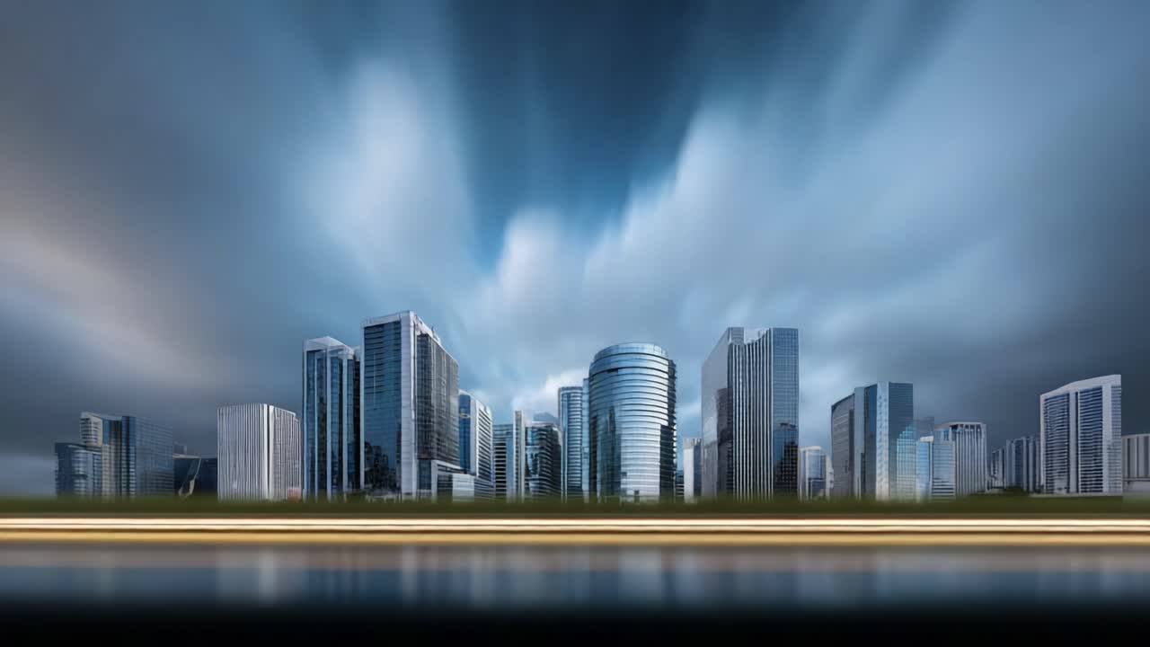 Paesaggio urbano al crepuscolo: grattacieli e cielo nuvoloso immortalati in uno skyline dinamico della città con riflessi di luce intensi