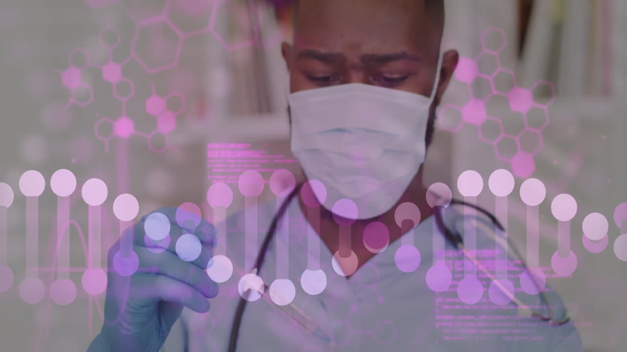 Animation of data processing and dna strand over biracial male doctor holding vaccine