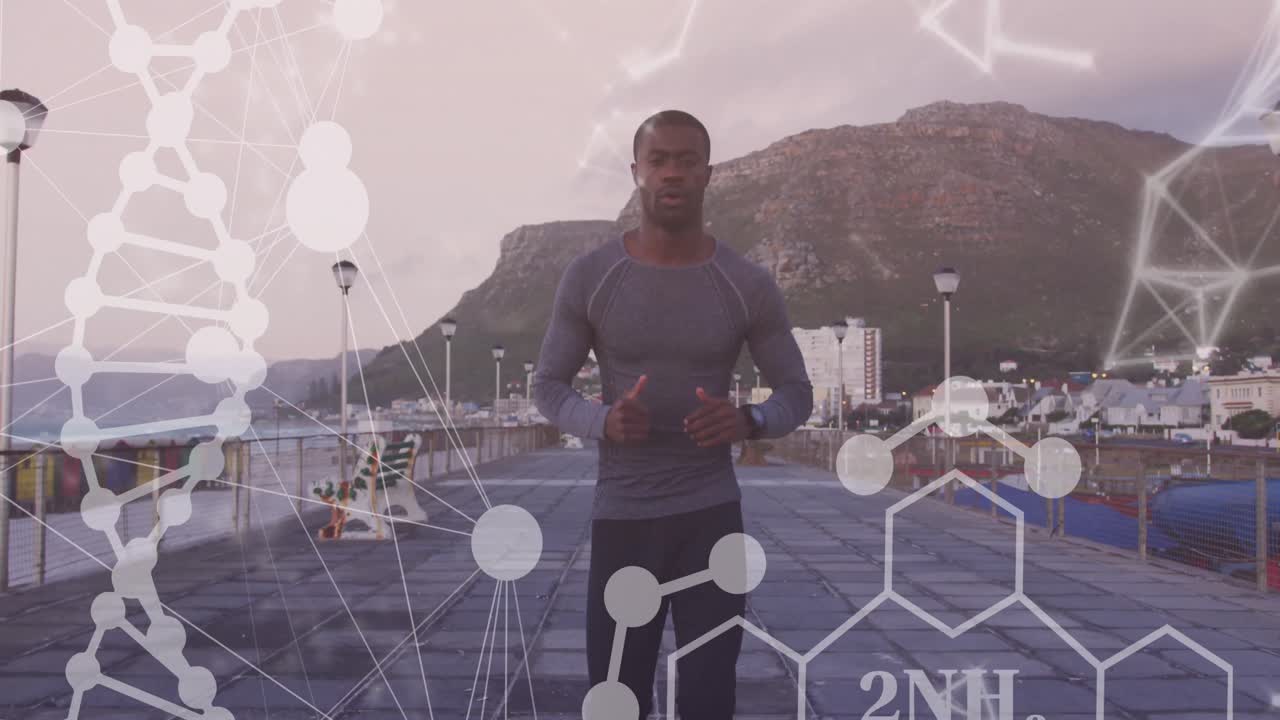 Animation of shapes and dna strand over african american man running on promenade