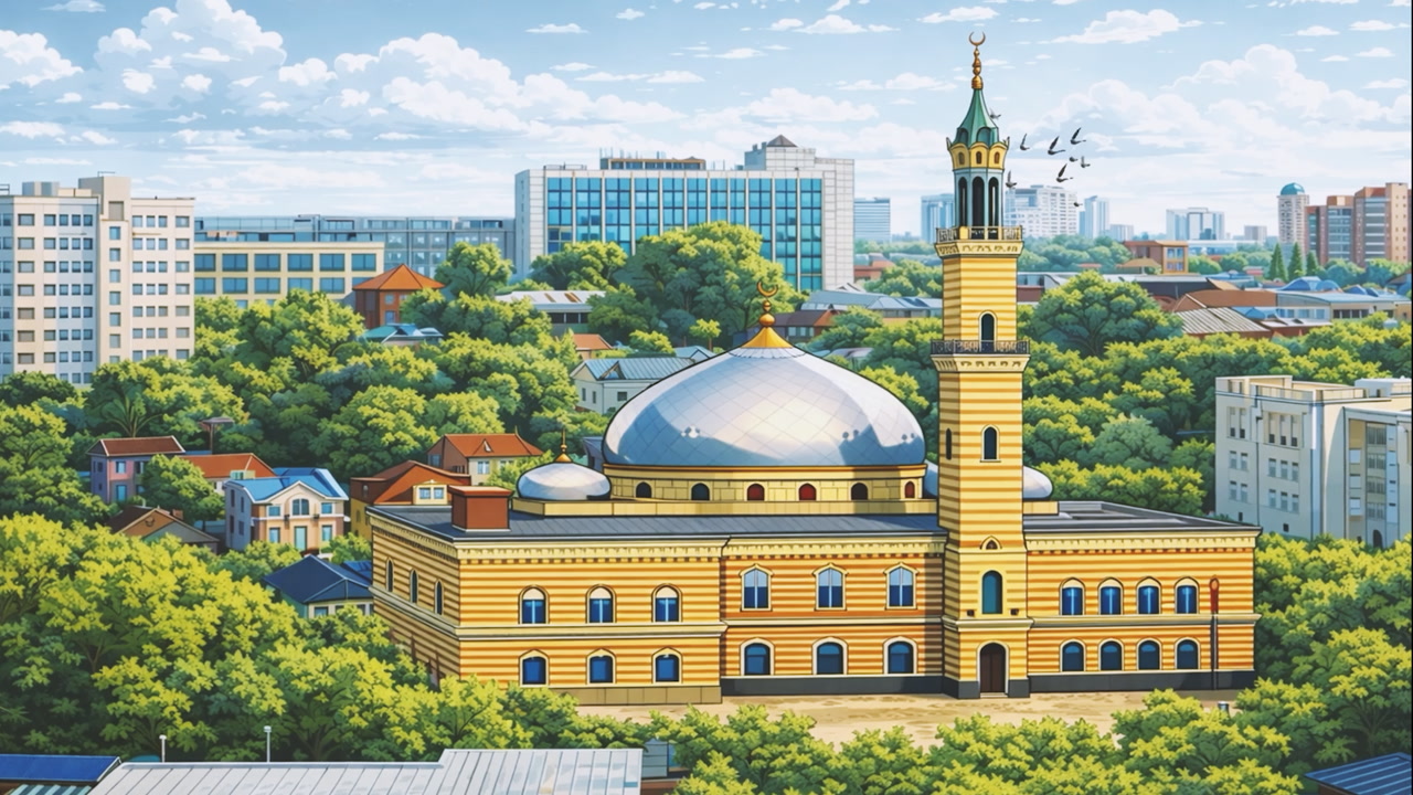 Sunlit Mosque Dome And Minaret, Wide Aerial Panorama Of Mosque Nestled In Leafy Neighborhood, Birds Flying