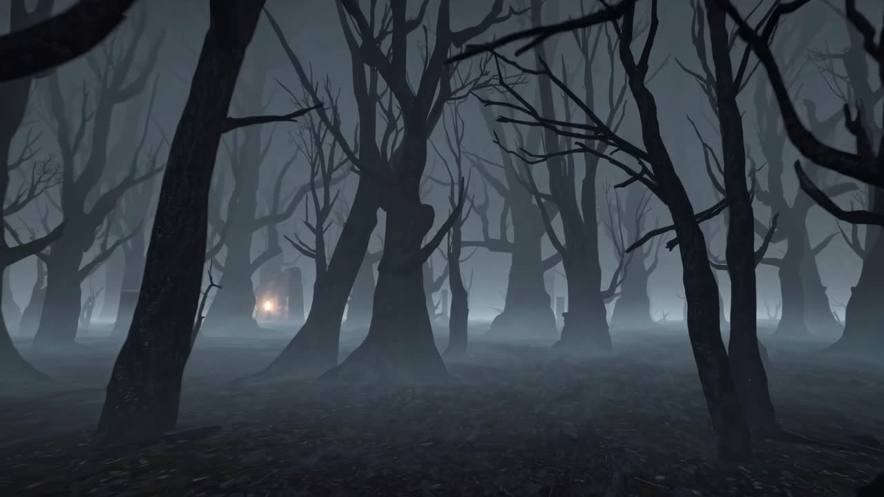 Eerie forest scene with bare trees in fog, captured from a low-angle