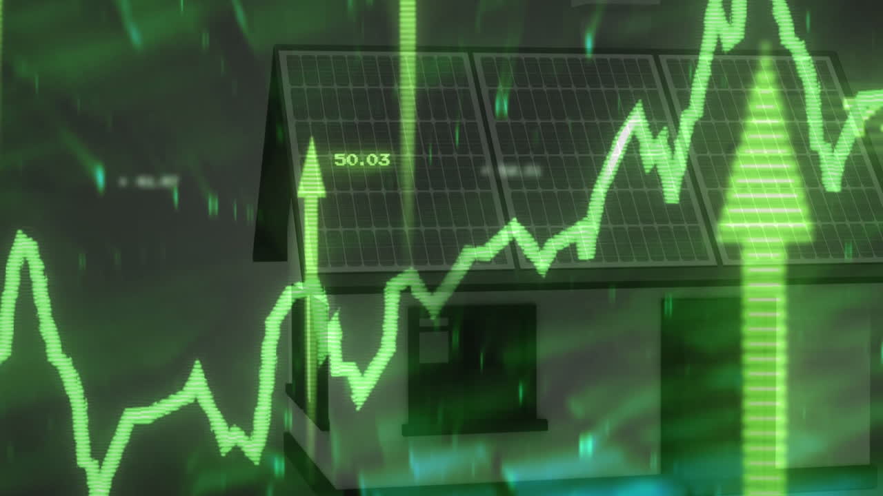 Green financial graph animation over house with solar panels on roof