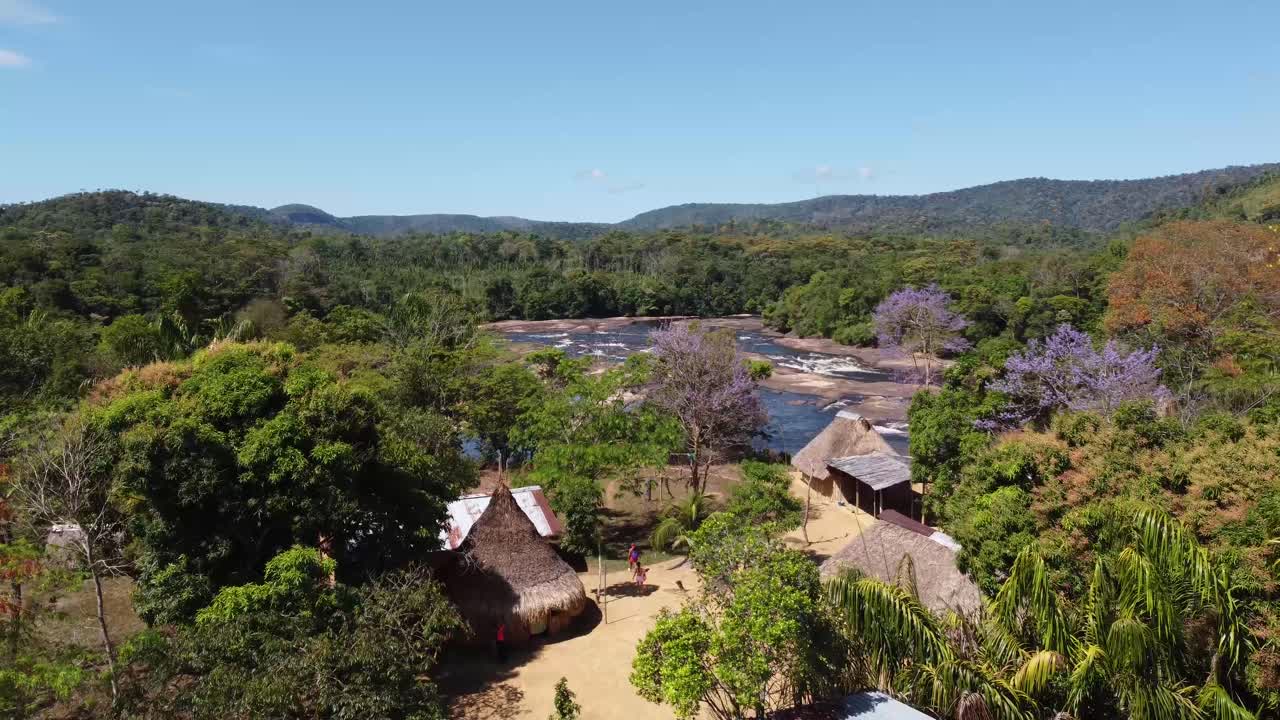 Aerial shot skimming trees over an Indian village, in front of a river with a strong current.