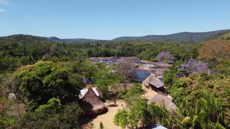 aerial shot skimming trees over an indian village, in front of a river with a strong current.