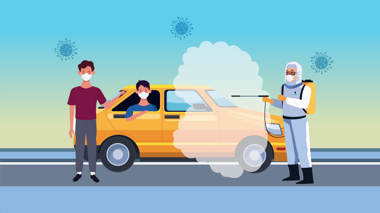 코로나19를 통제하기 위해 살균 장비와 택시를 가진 생물 안전 작업자