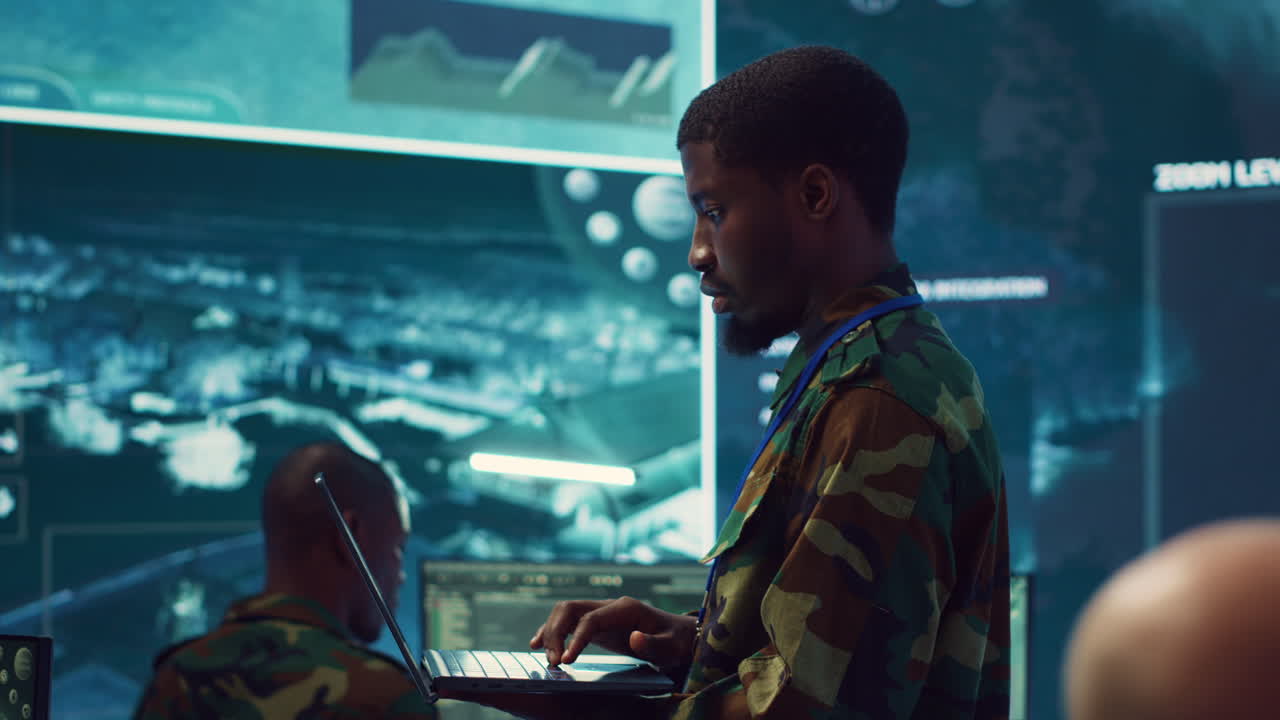 Military sergeant targeting enemy vessels on a gps satellite world map