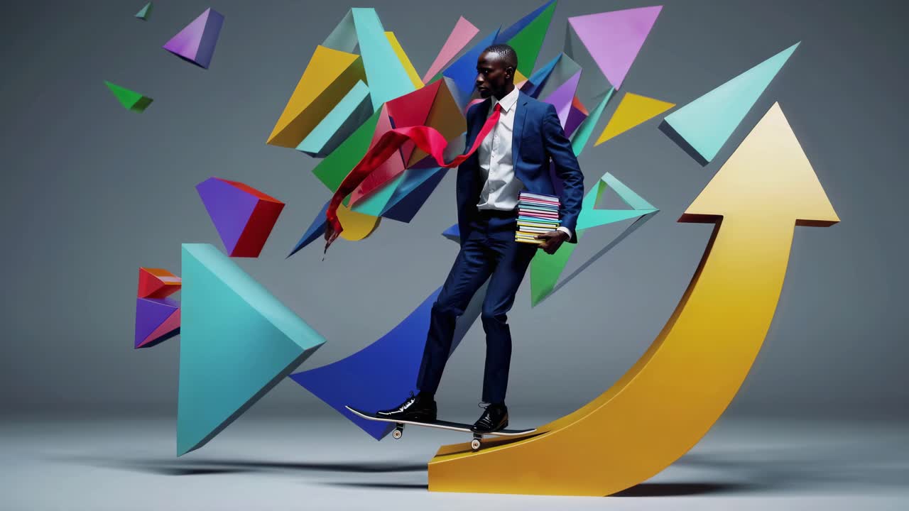 hombre de negocios patinando con libros en el fondo abstracto