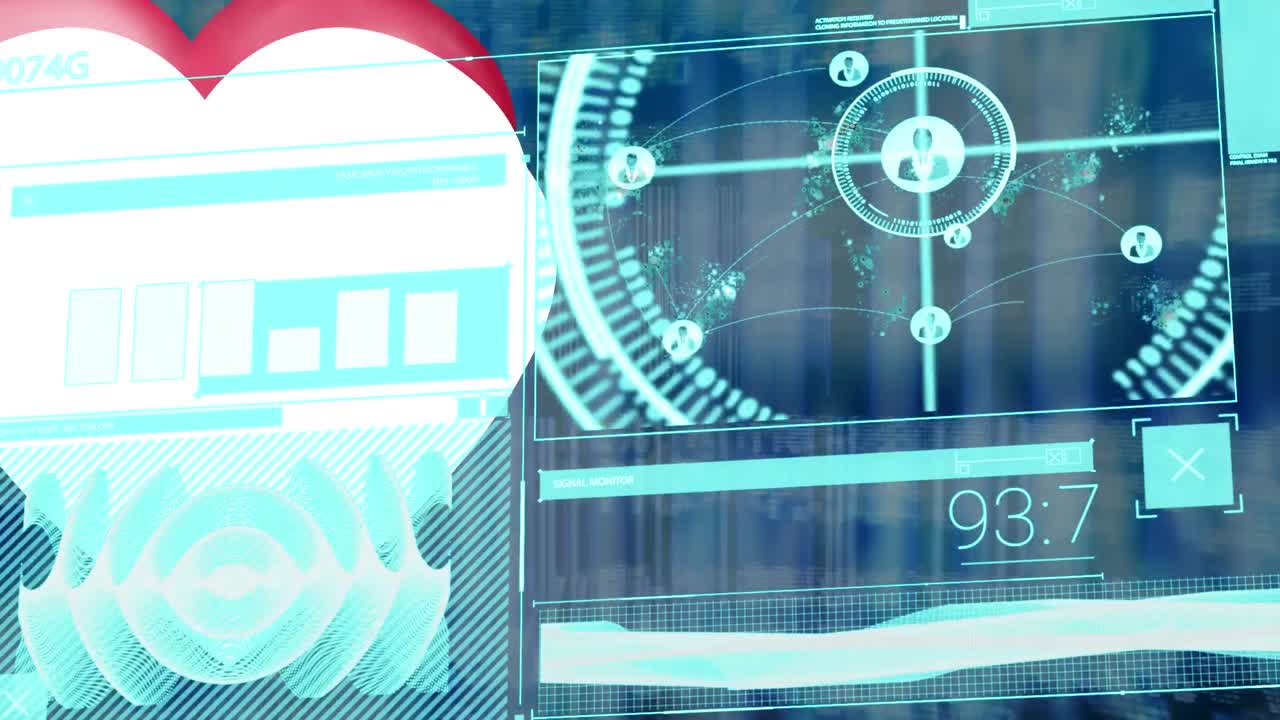 Animation of hearts and diverse data on screens