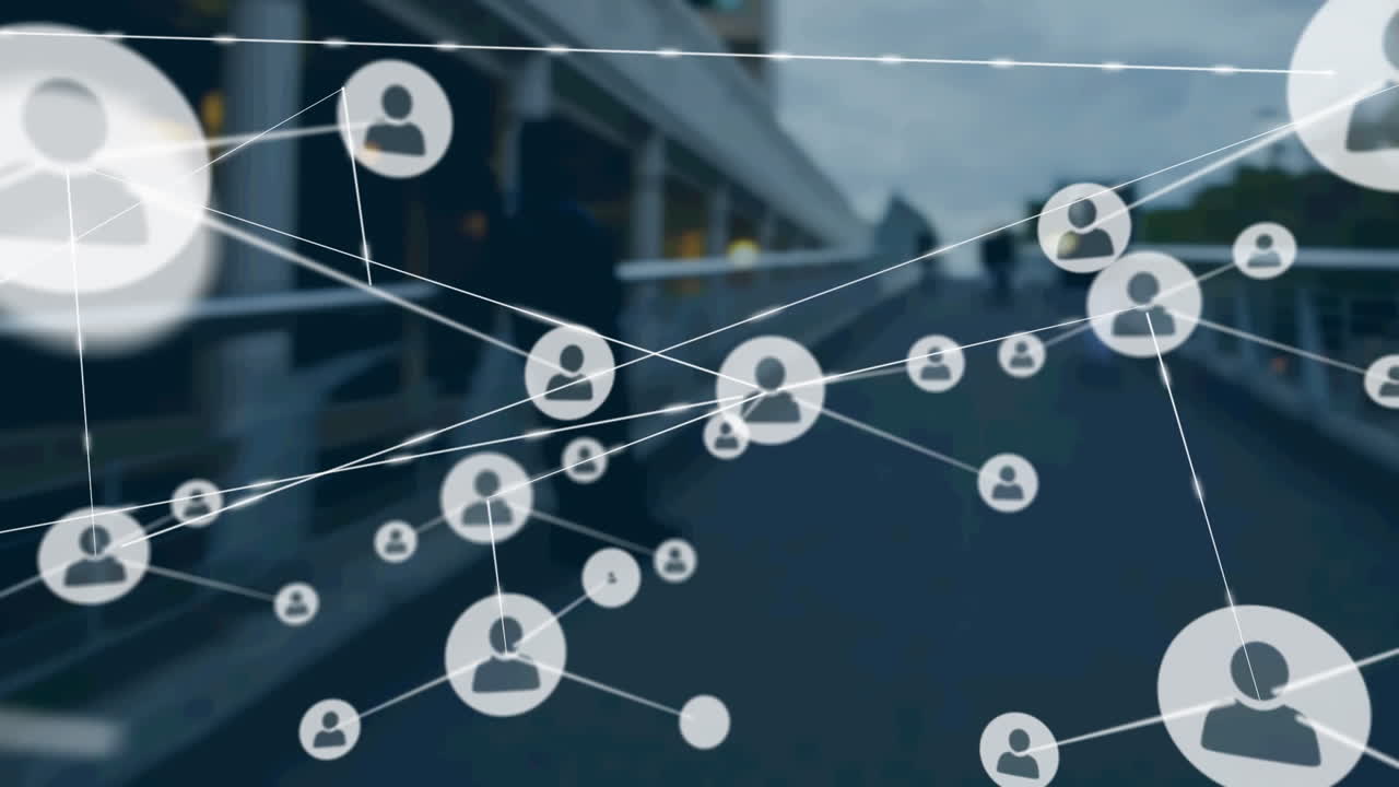 animación de la red de conexiones con iconos sobre la calle de la ciudad