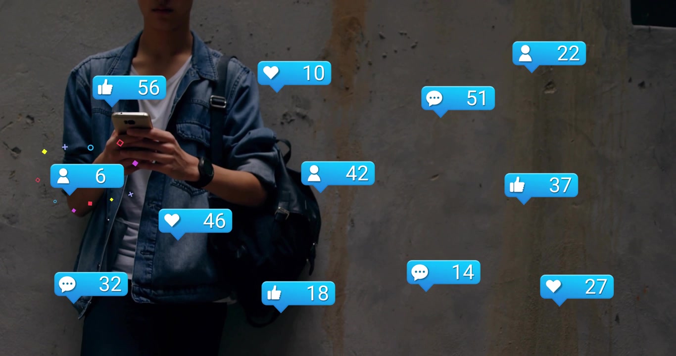 Teen tapping smartphone by concrete wall, viewing floating likes and followers rising for marketing