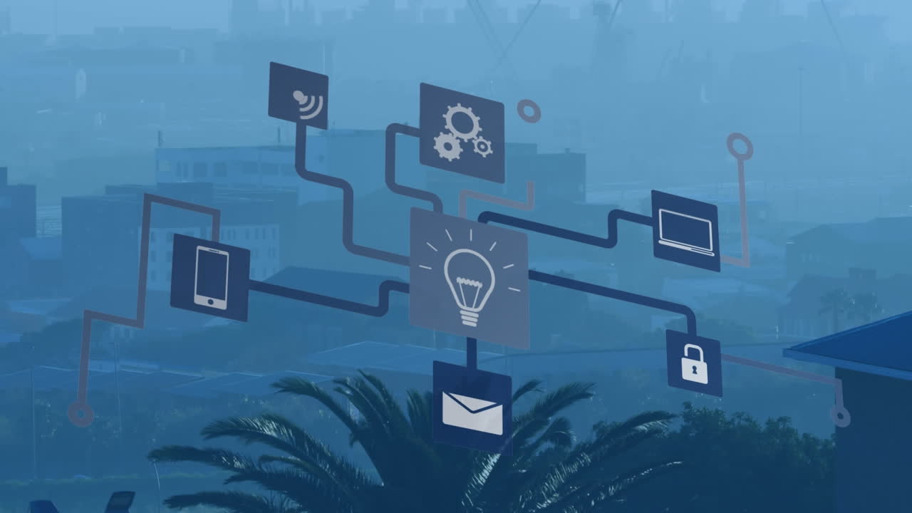 Animation of digital icons and network of connections over cityscape