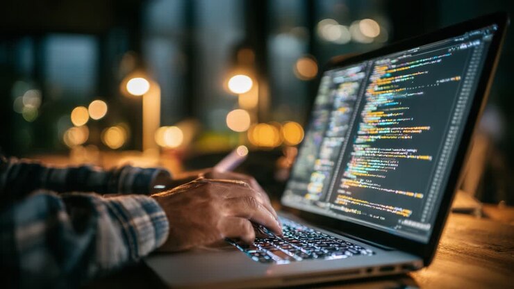Focused Software Developer Engaged in Coding on a Laptop During Evening with Warm Lighting and Screen Filled with Colorful Code Syntax