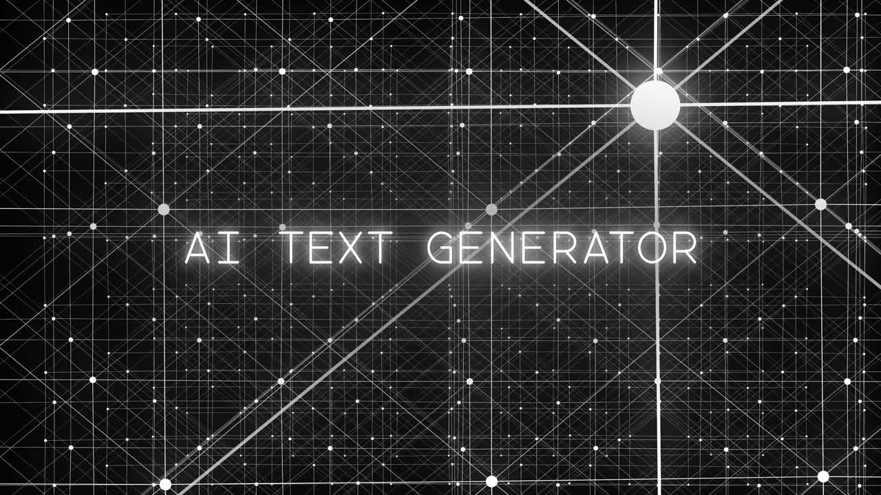 Connected white data points form a network as "AI TEXT GENERATOR" generates on screen