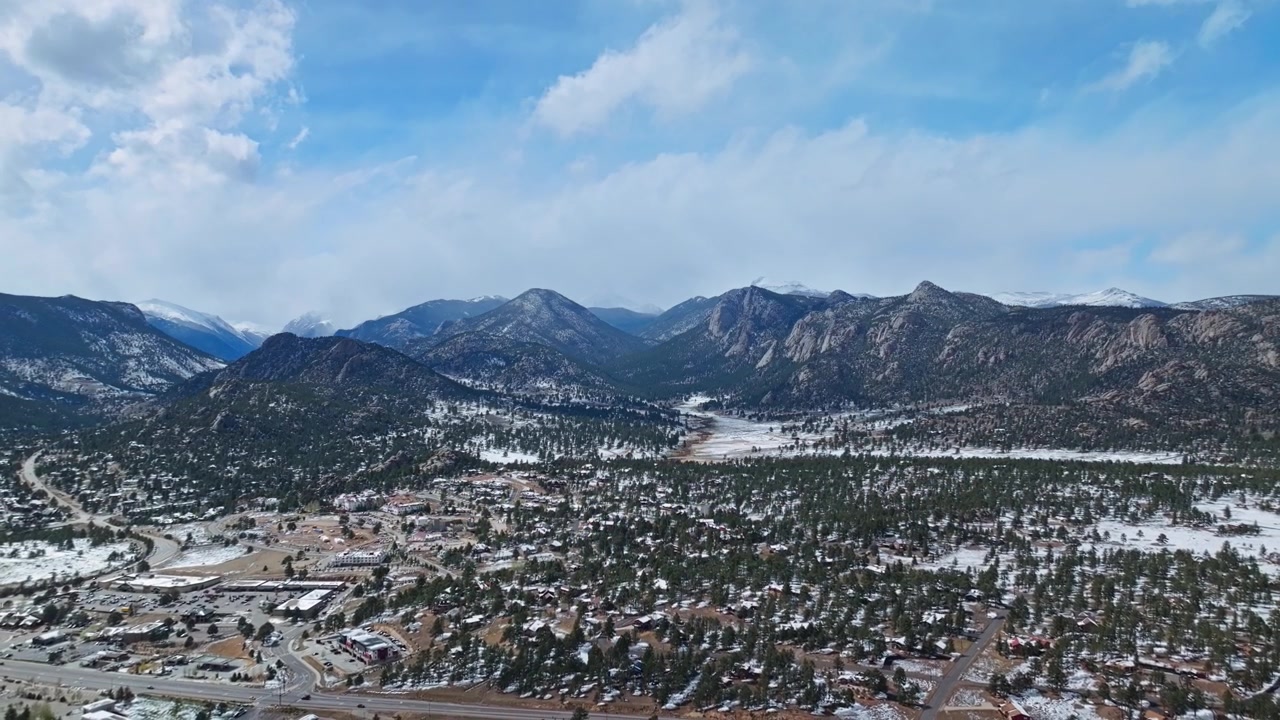 Ampia valle di Estes Park con strutture urbane e le Montagne Rocciose in lontananza sotto un cielo blu, panoramica aerea con drone.
