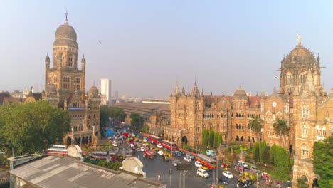 a drone shot of chhatrapati shivaji maharaj terminus and the municipal corporation heritage buildings in the fort area of south bombay